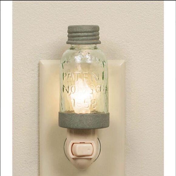 NEW! Farmhouse Mini Glass Mason Jar Night Light Country Barn Roof Galvanized - Picture 1 of 1
